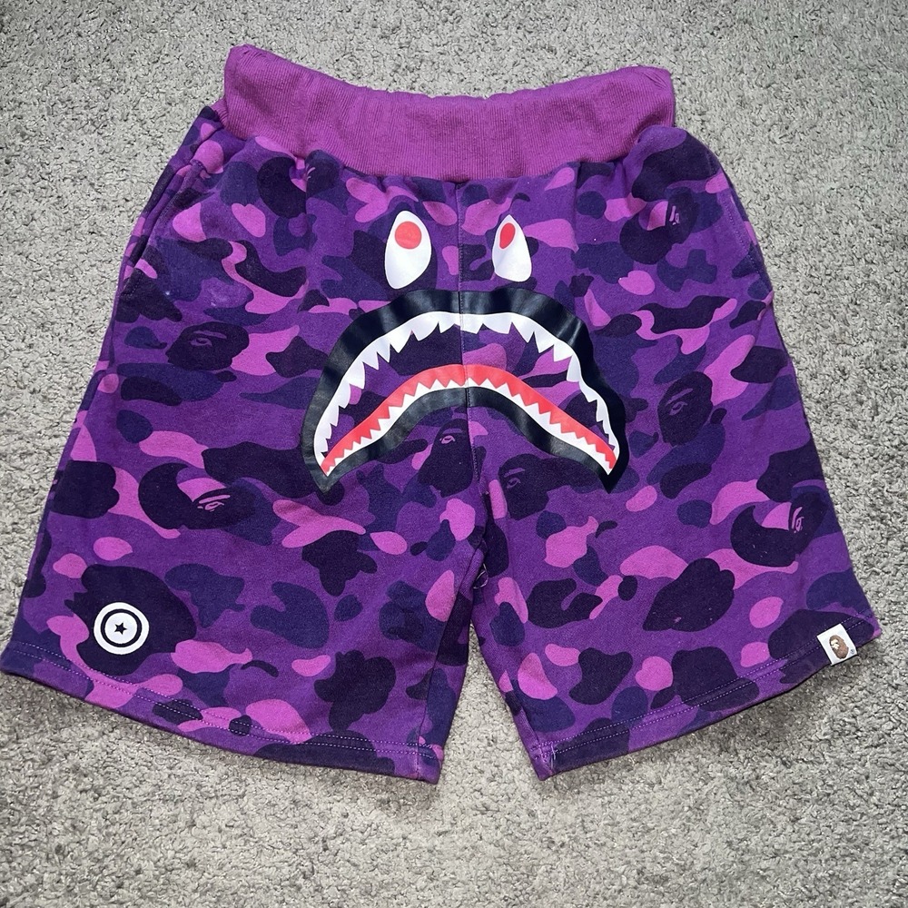 A Bathing Ape Men's Purple Camo Shark Face Cotton Sweat Shorts Elastic Waist M